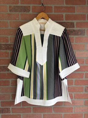Tory Burch Womens Field Day Stripe Silk Tunic Multicolor Designer Blouse 10
